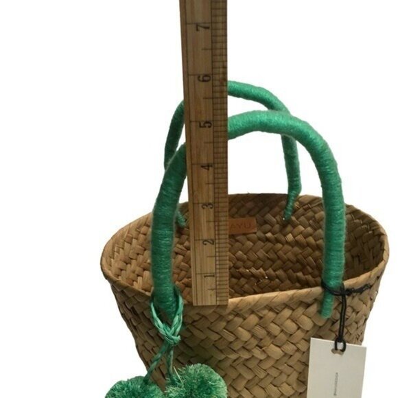 KAYU Mini St Tropez Straw Tote Bag Pom Pom Natural Sea foam Green Travel - Picture 9 of 14